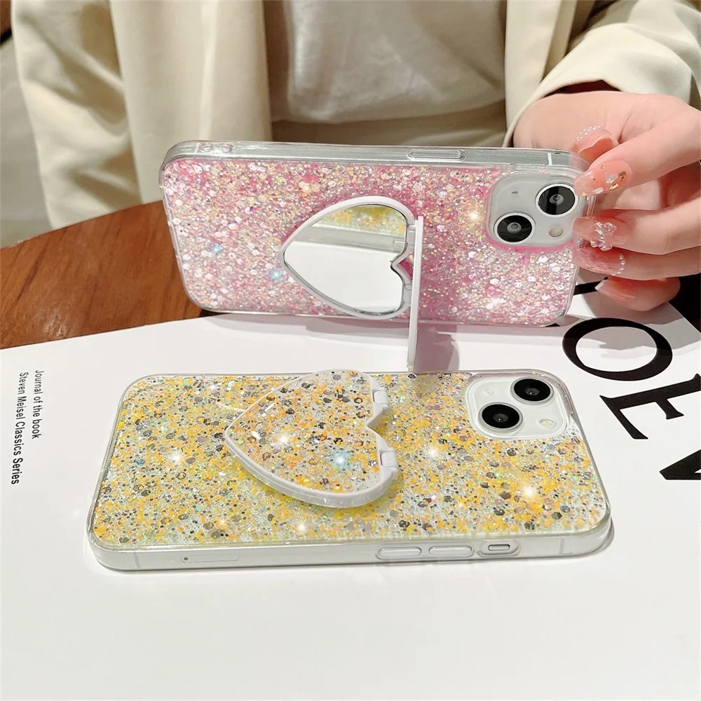 Glitter Heart Makeup Mirror Case For iPhone 15 14 Pro Max Cover 13 12 11 Pro 14 15 8 7 Plus X XS XR XS 7 8 SE Shock-resistant