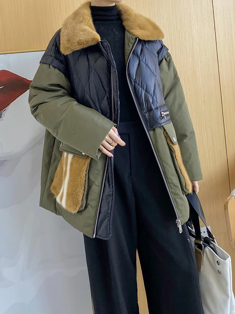 Winter Women Patchwork Mink Fur White Duck Down Jacket Vintage Thick Warm Overcoat High Quality Down Coat Oversized Streetwear