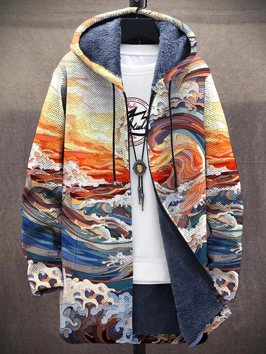 Jaket Hoodie Pria Musim Dingin Multi Warna Pola Gelombang Cetak 3D Bulu Tebal Berbahan Plush dengan Ritsleting Model Cape Netral Hangat untuk Jalan-Jalan Q0369