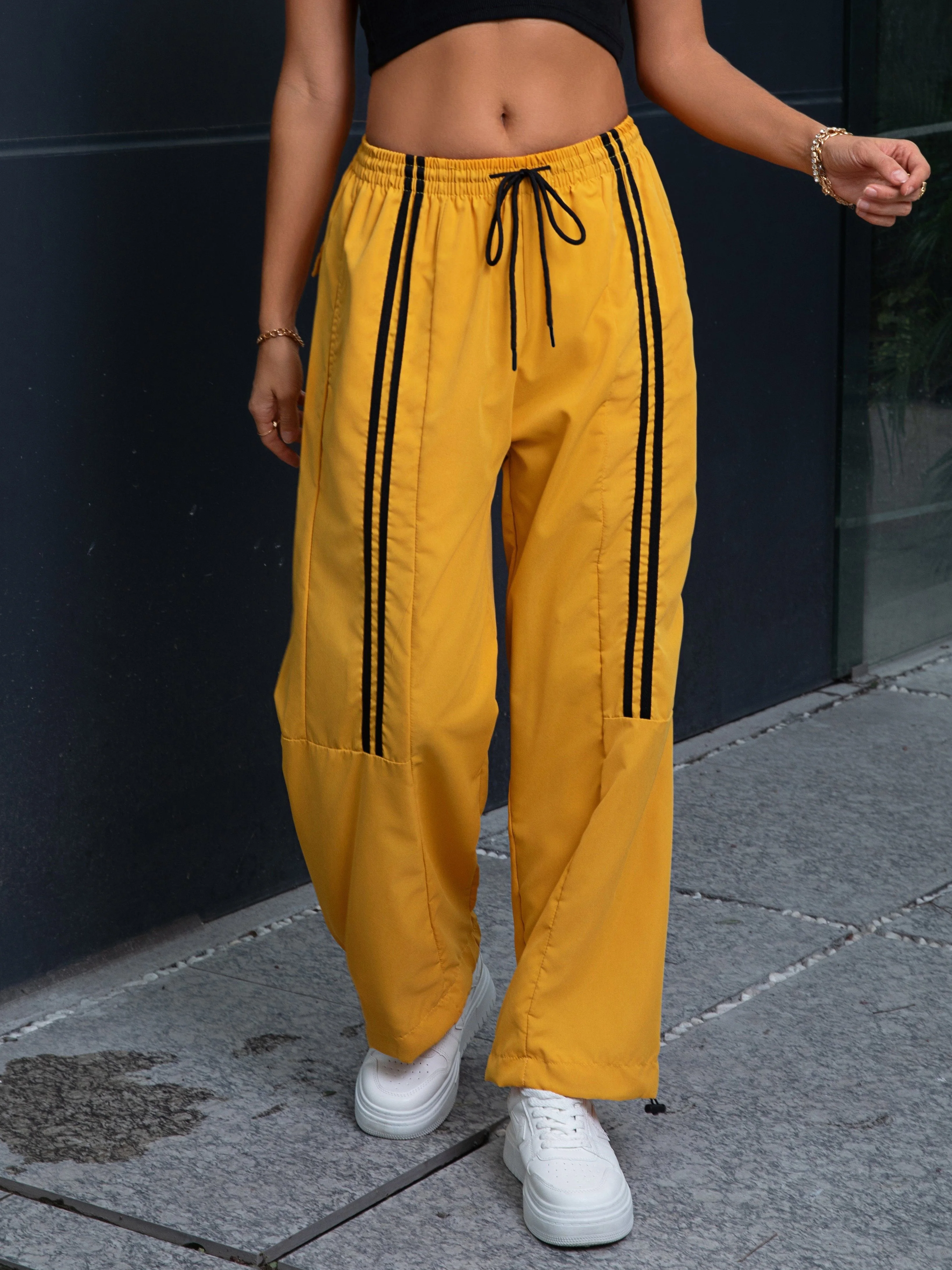 Black American High Street Color Block Striped Sports Pants Women Summer Thin New Breathable Quick Dry Casual Wide Leg Pants