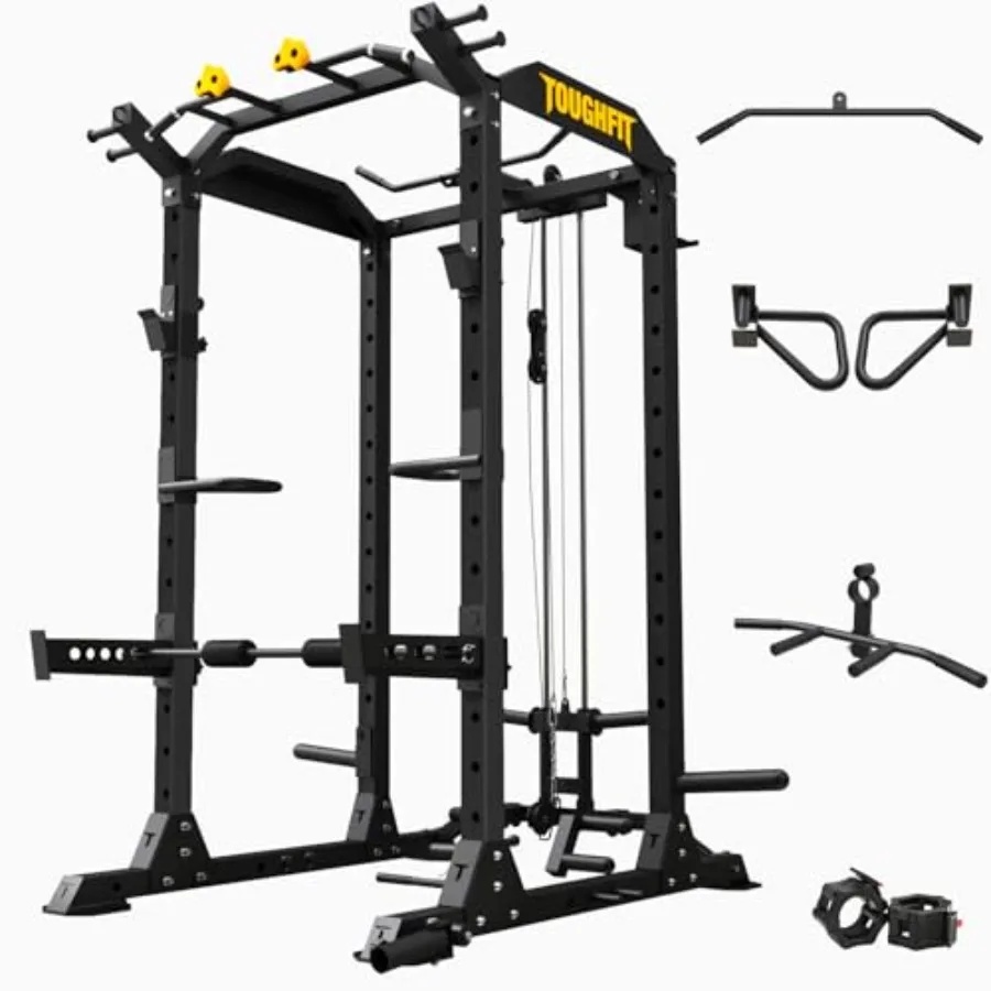 2024 Upgraded T2 Power Cage Multi-Function Power Rack with LAT Pulldown System Squat Rack with Weights and Bar Set for Home Gym