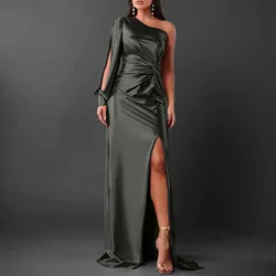 Moda damska Party Maxi Dress Summer Solid One Shoulder Long Sleeve Cut Out Irregular Pleated Nipped Waist Slit Dresses 2024