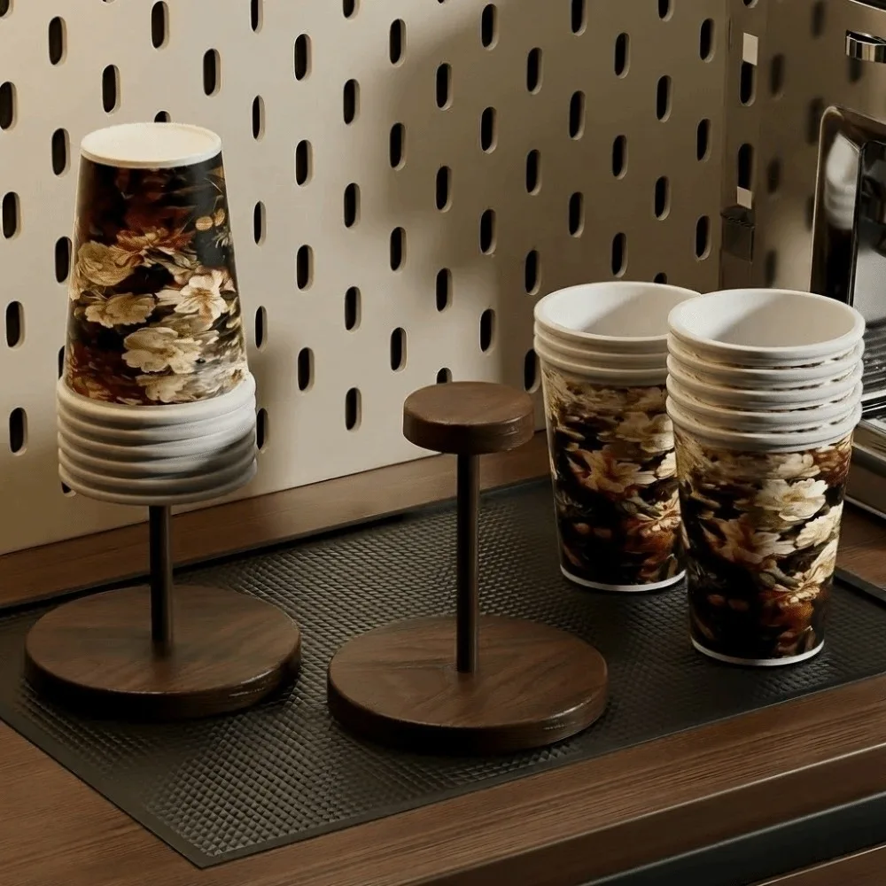 Desktop Paper Cup Holder with Wood Grain Table Decor Paper Cup Storage Rack Walnut Colored Disposable Paper Cup Rack shelf