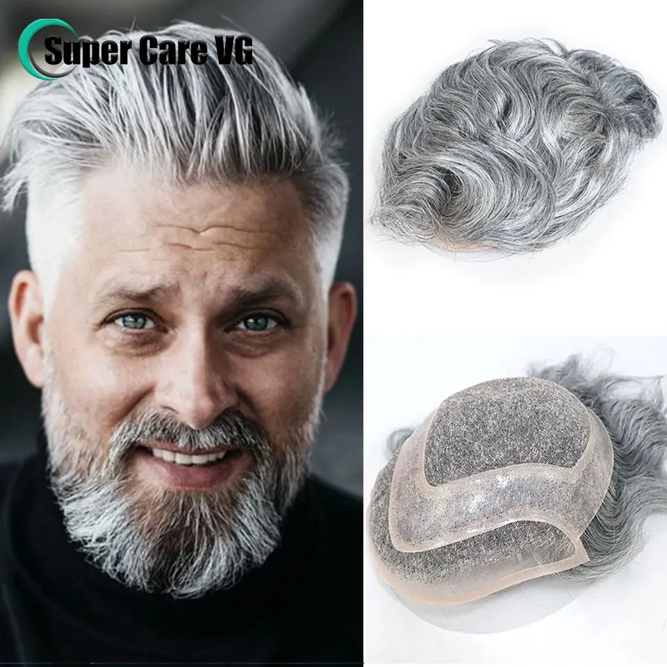 #1B80 Silver Grey Men Toupee Human Hair Natural Hairline Replacement System Mono Base With PU Lace Front Male Wig Wave Hair