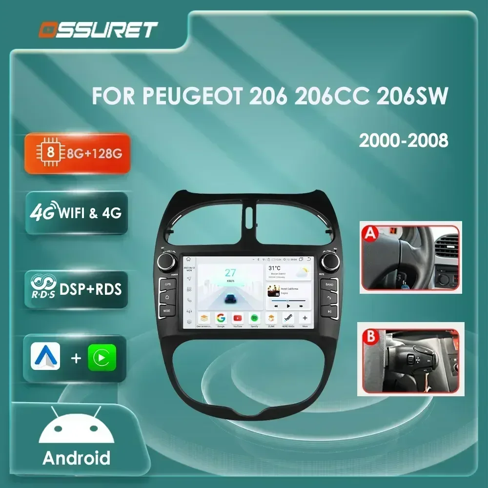 Android 12 Autoradio für PEUGEOT 206 206CC 206 SW 2000-2005 2006 2007 2008 Multimedia-Player GPS Navi Video 7862 2din Autoradio