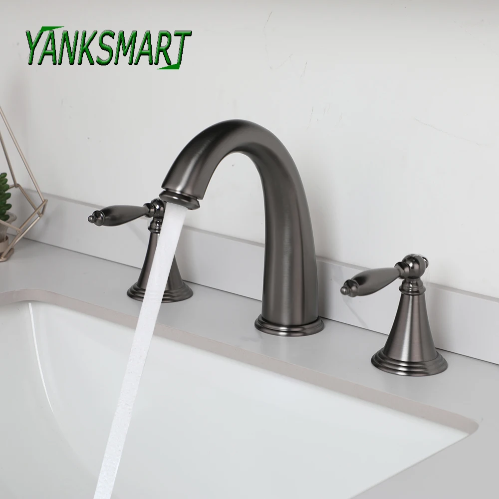 

YANKSMART Bathroom Faucet Gun Grey Deck Mounted Dual Handles Control With Stream Outlet Hot And Cold Mixer Water Tap Combo Kit