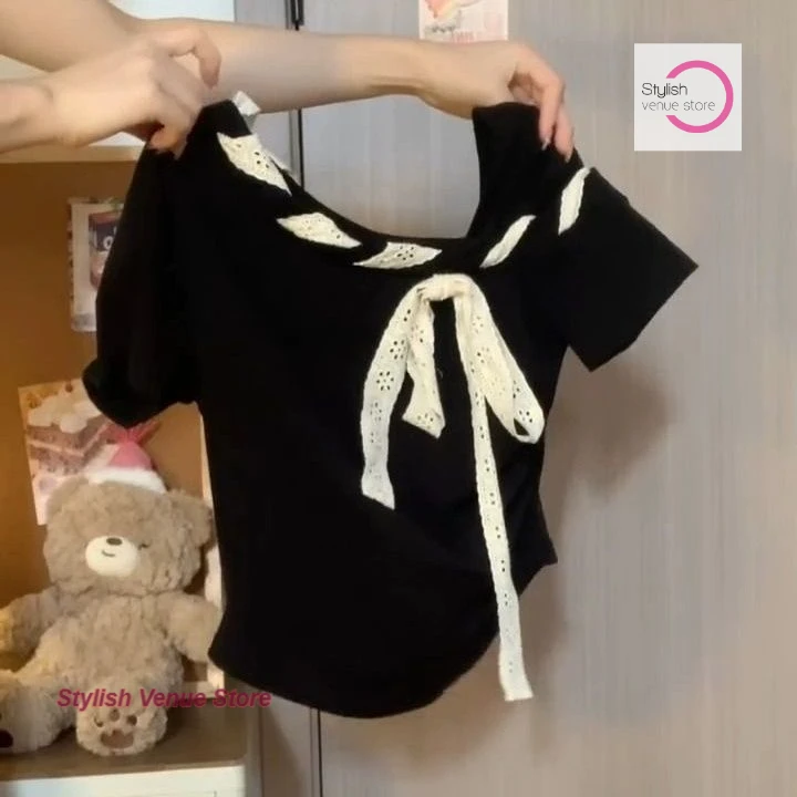 

Korean retro black diagonal shoulder short sleeve T-shirt women's summer new fashion high sense bow unique temperament slim top