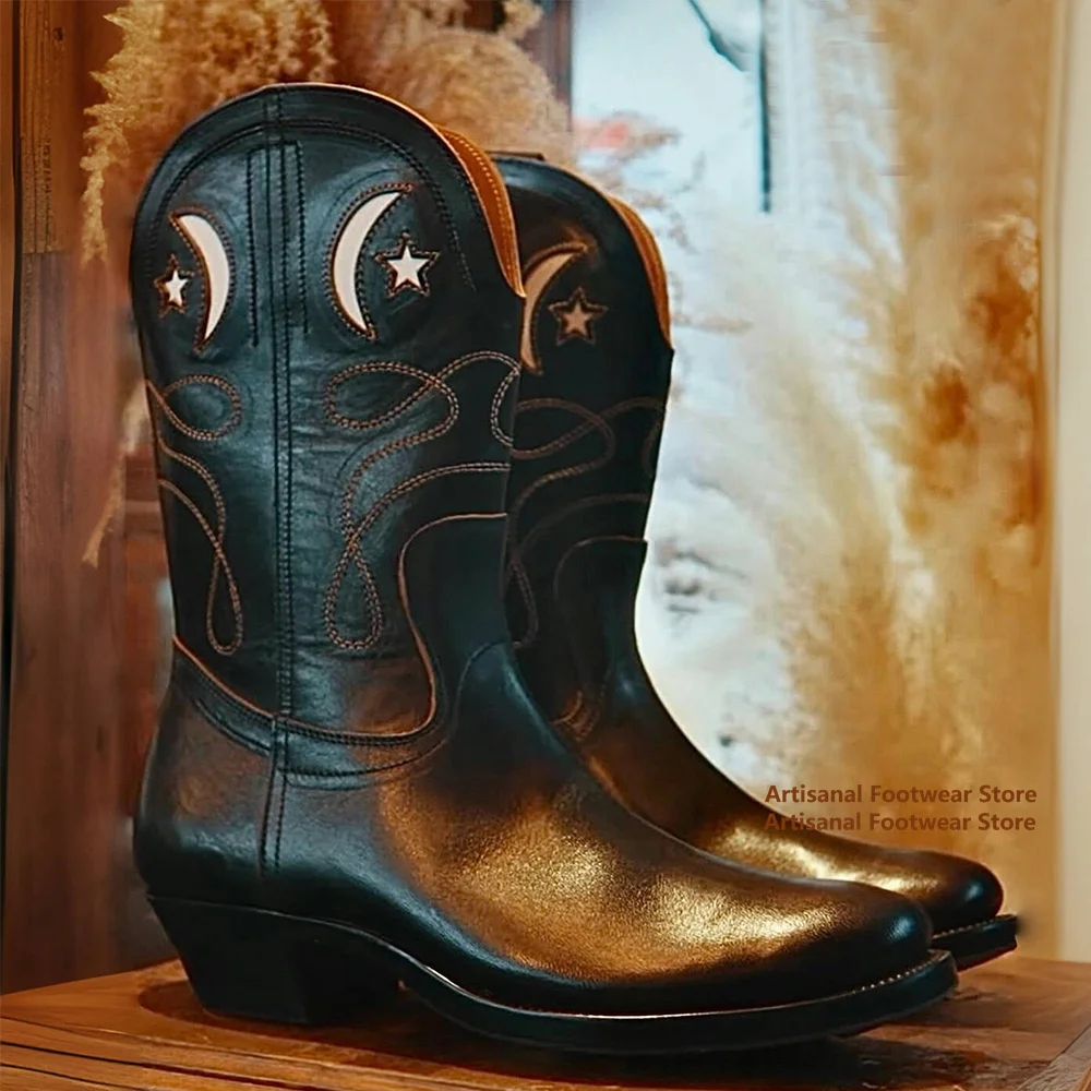 Vintage Black Embroidery Cowboy Boots Western Style Mid-Calf Boots Embroidered Detailing Classic High-Top Men's Boots