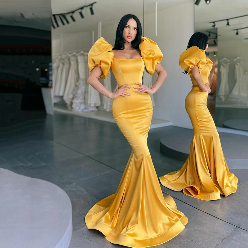 Yellow Long Mermaid Off Shoulder Evening Dress Short Sleeves Formal Party Prom Dresses Vestidos de festa Custom Made