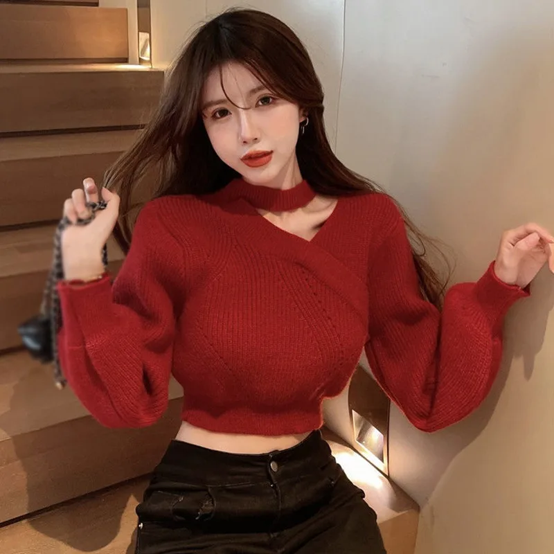 Autumn Sexy Pullovers V-neck Puff Sleeve Knit Cropped Sweaters Long Sleeved Lady Warm Off Shoulder Turtleneck Slim Jumper