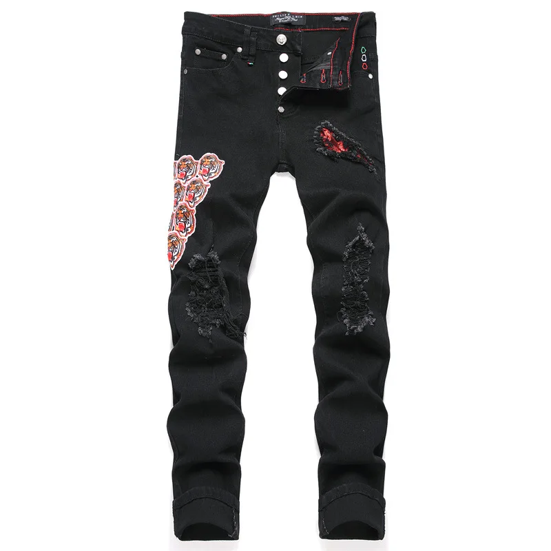 

Men's Punk Style Destroyed Jeans Pants With Patches High Streetwear Ripped Hip Hop Denim Trousers With Holes Straight Fit