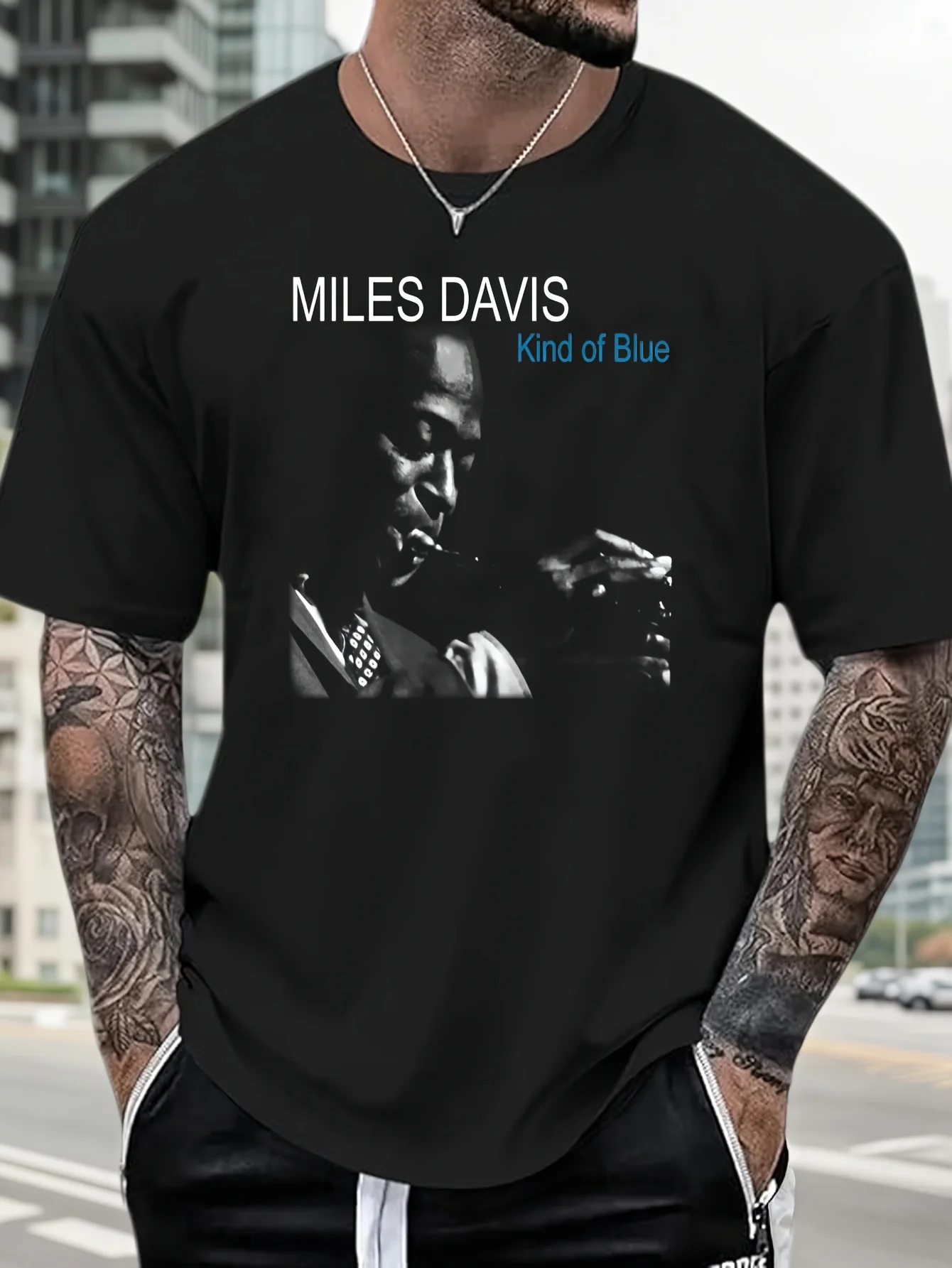 Men'S Blue Jazz Graphic T-Shirt by Miles Davis, Featuring a Short Sleeve Crew Neck And a Geometric Music Design - Perfect for Al
