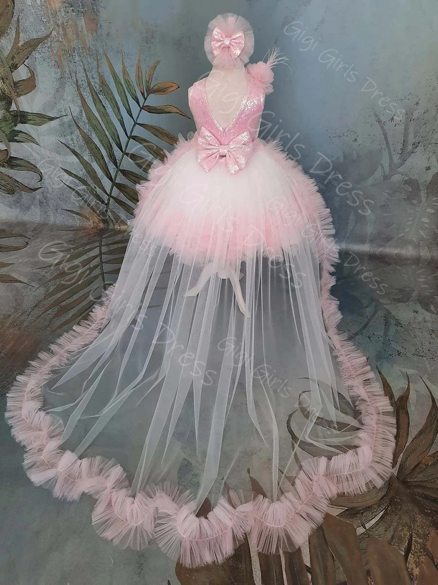 فستان فتاة الزهور الوردي لحفلات الزفاف للأطفال الصغار ترتر على شكل حرف V مع فيونكة خلفية وكشكشة من التول فستان عيد ميلاد الأميرة مع ذيل قابل للانفصال مخصص #3