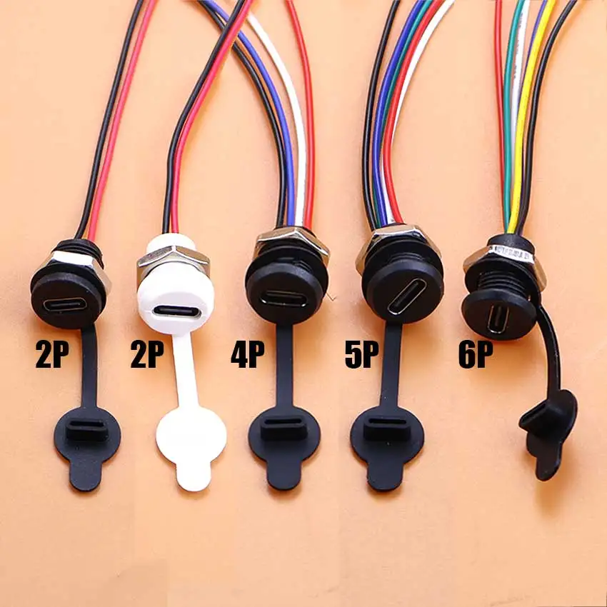 5pcs USB Type C Jack Connector Type-C Female Socket W/ PH2.0 Terminal Waterproof Cap Nut Locking Plate USB-C Power Charging Port