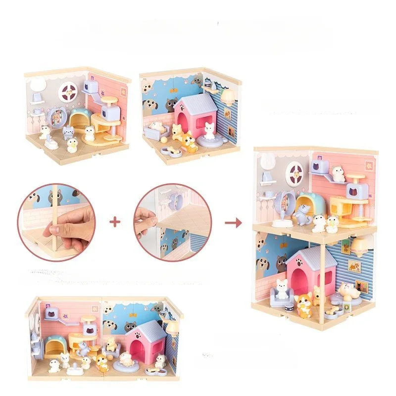 DIY Plastic Dollhouse Casa Miniature With Furniture Kit Mini Pet Dog House Dessert Room Assemble Toy for Children Christmas Gift