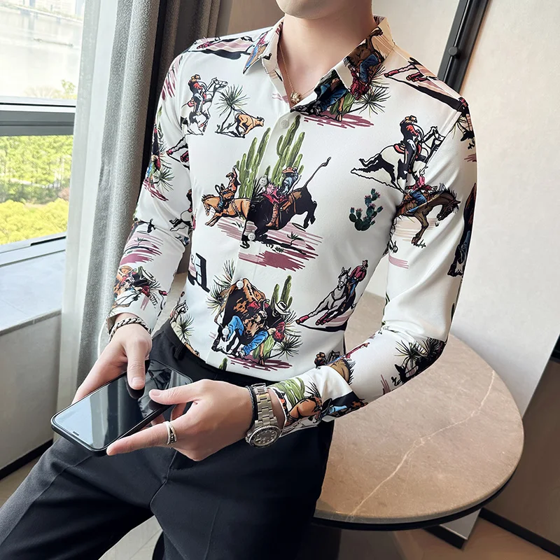 

6XL 5XL 4XL Brand Clothing Men Street Fashion Summer Daily Shirt Hawaiian Print Casual Loose Shirts Long Sleeve Beach Loose Tops