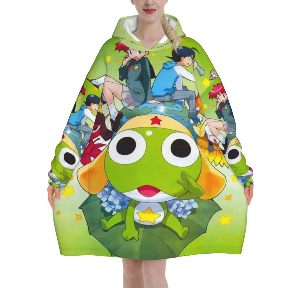 Oversized Keroro Gunso Wearable Blanket Winter Gifts for Women Men Ultrasoft Plush Warm Sweatshirt Blankets With Pocket