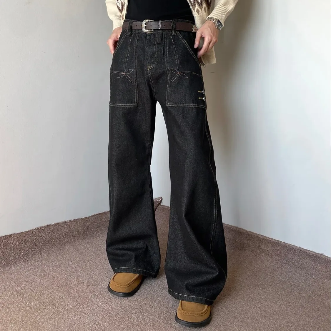 

Мужские джинсы в стиле ретро с вышивкой, повседневные, свободные, унисекс, прямые, на молнии, со средней посадкой, для осени