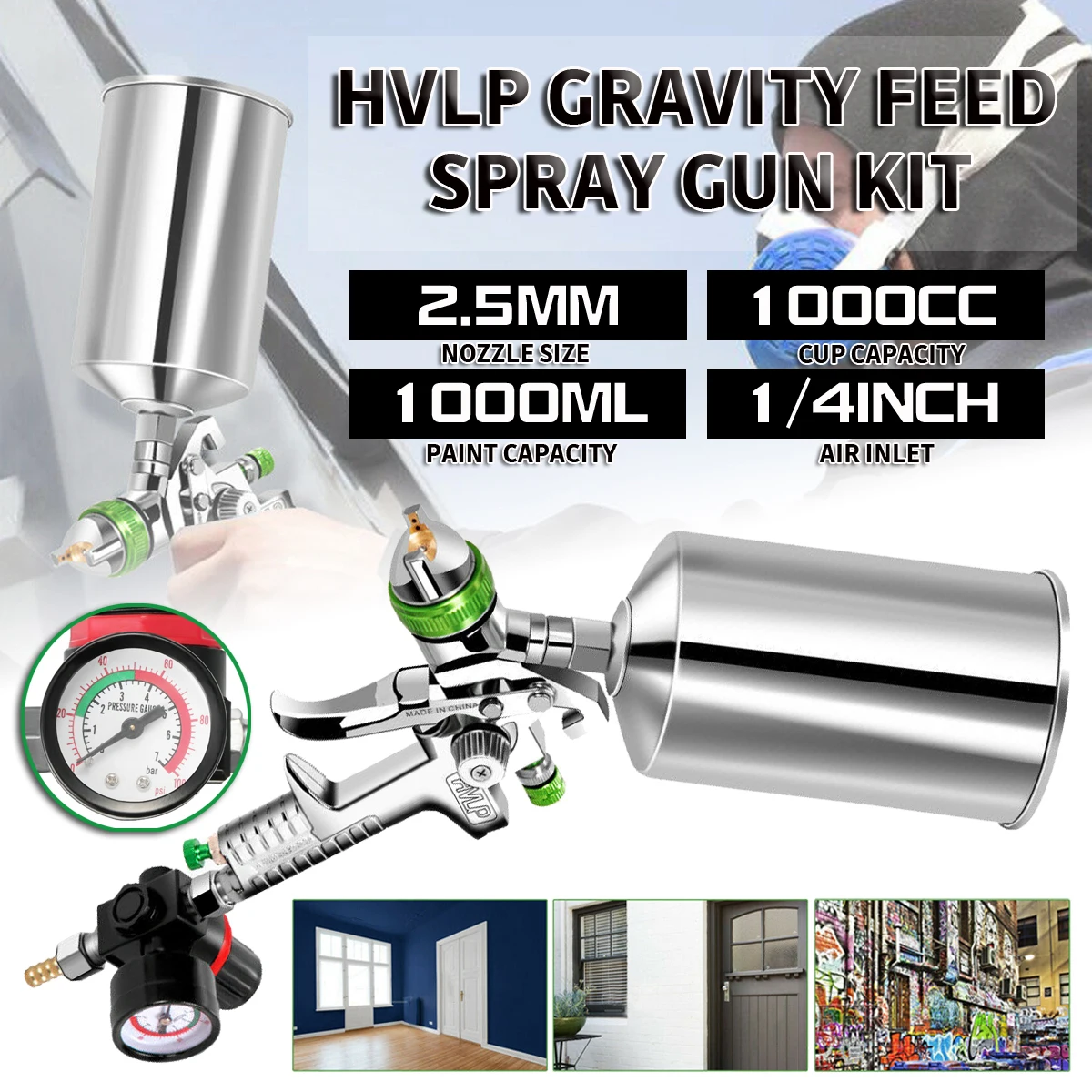 

2.5mm HVLP Gravity Feed SPRAY GUN Kit With Regulator Paint Primer Metal Flake Air Spray Gun