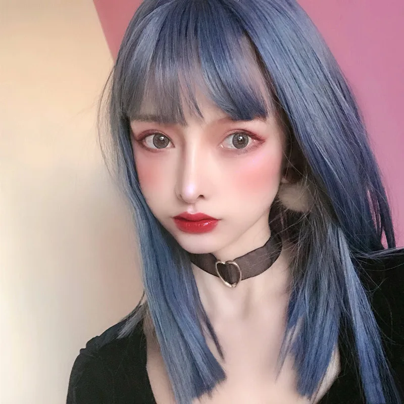 Haze blue wig for women, medium-length hair, collarbone length, stylish, face-slimming, medium-length straight synthetic fiber w