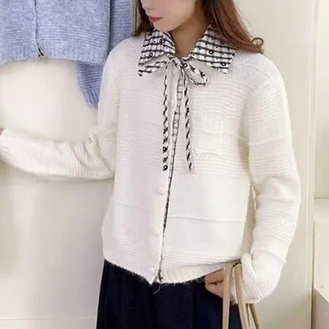 Removable Contrasting Color Collar Versatile High-end Knitted Sweater Women's Autumn and Winter Sweet Long-sleeved Short Top
