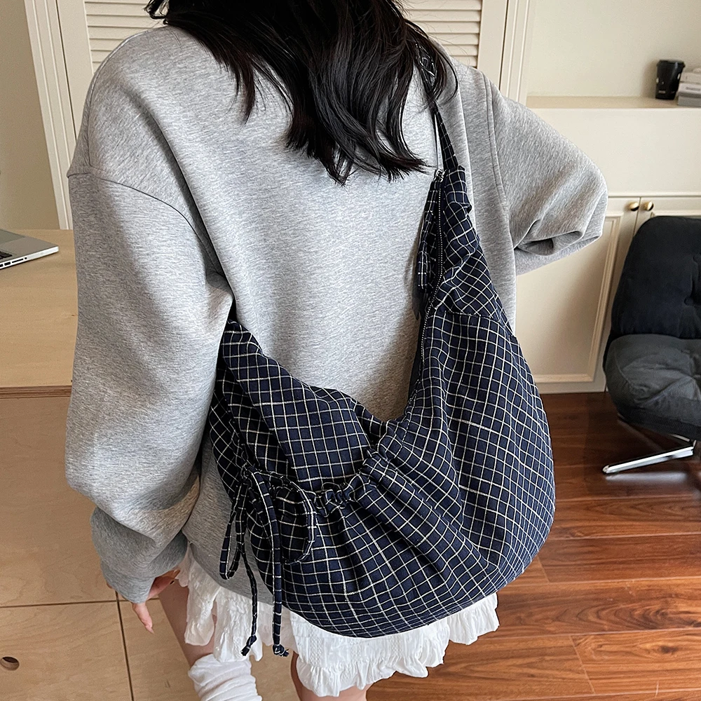 

Crossbody Bag Shoulder Canvas Large Capacity Pleated Pocket Adjustable Strap Commute Daily Korean Lazy Casual