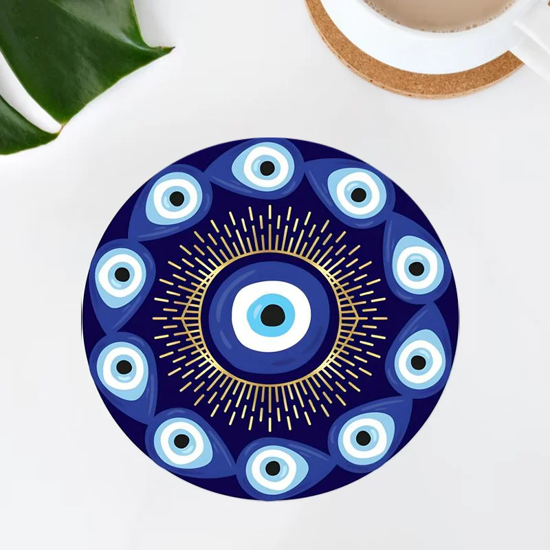 Blue evil eyes, round mouse pad, rubber anti-slip, washable, computer mechanical keyboard pad, high-definition printing
