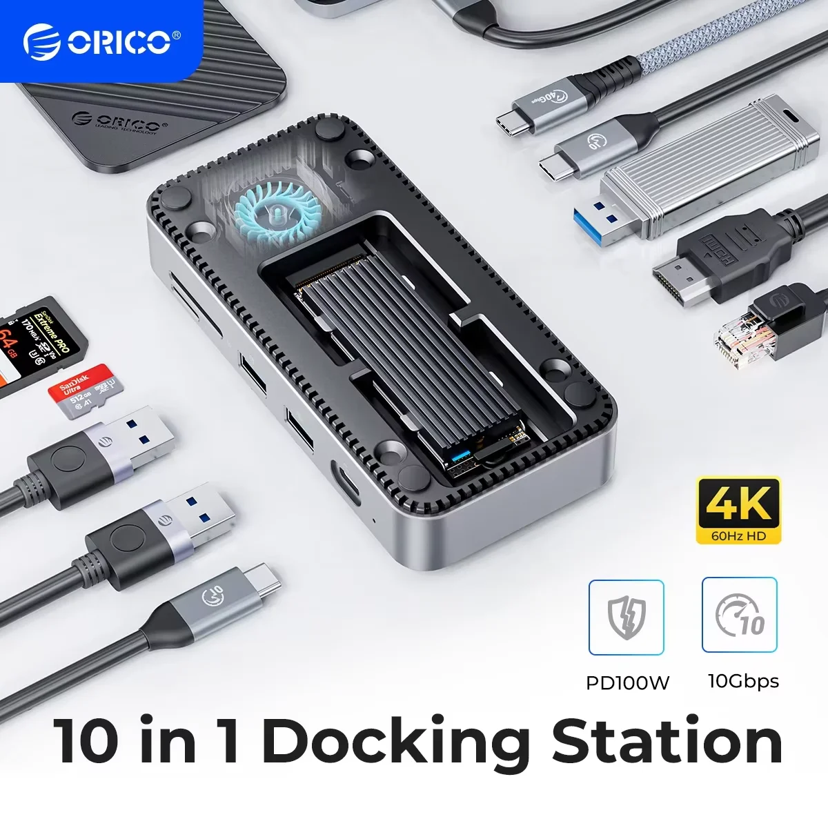 ORICO M.2 NVMe SATA SSD Enclosure Type-C HUB with Cooling Fan External 10Gbps 4K 60Hz HDMI-Com RJ45 SD/TF Docking Station