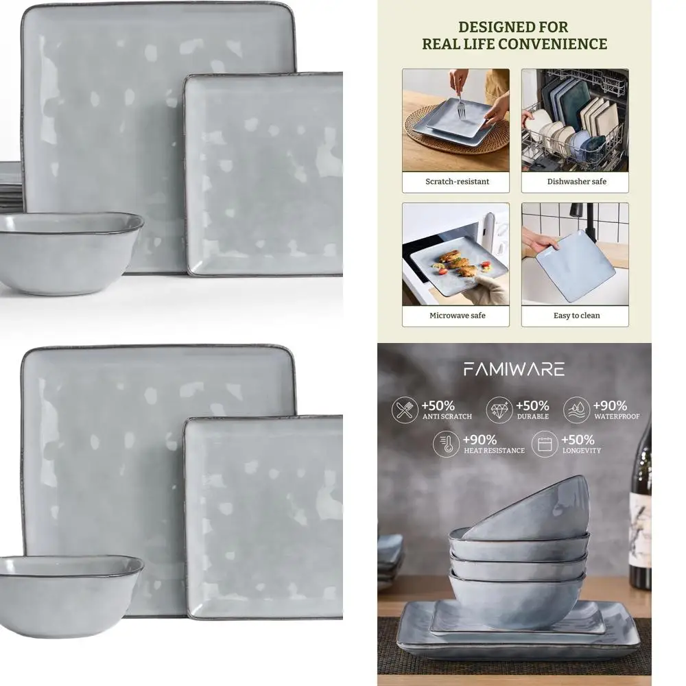 

Столовая посуда Ocean Square Reactive Glaze на 4 человека, набор из 12 предметов, серый, можно мыть в посудомоечной машине и использовать в микроволновой печи, устойчивый к царапинам