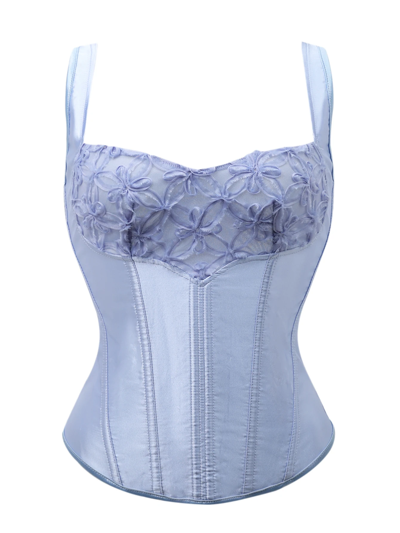 Women's Light Blue Glossy Satin Corset 3D Floral Lace Sweetheart Adjustable Straps Back Lace Up Coquette Bustier Top