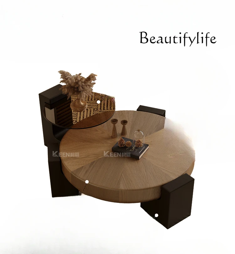 

American medieval style solid wood coffee table living room household small apartment round tea table