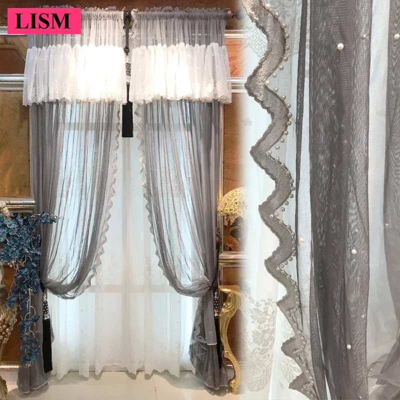 

Light Luxury French Gray Gauze Curtains for Living Room and Bedroom Window Light-transmitting Pearl Tulle Custom Add White Lace