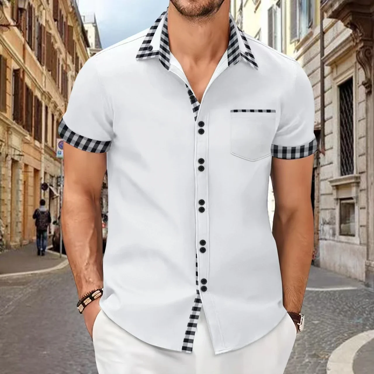 

Europe And America Men's Cotton Lapel Short-Sleeve Pocket Business Casual Plaid Patchwork Slim-Fit Shirt