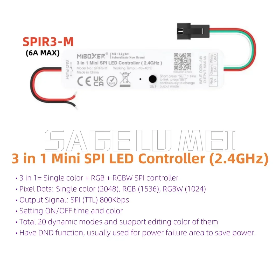 SPIR3 SPIR3-M C6 B6 SPI LED Controller MiBoxer Single Color+RGB+RGBW 3in1 Controller for Pixels Strip WS2812 with RF SPI Remote
