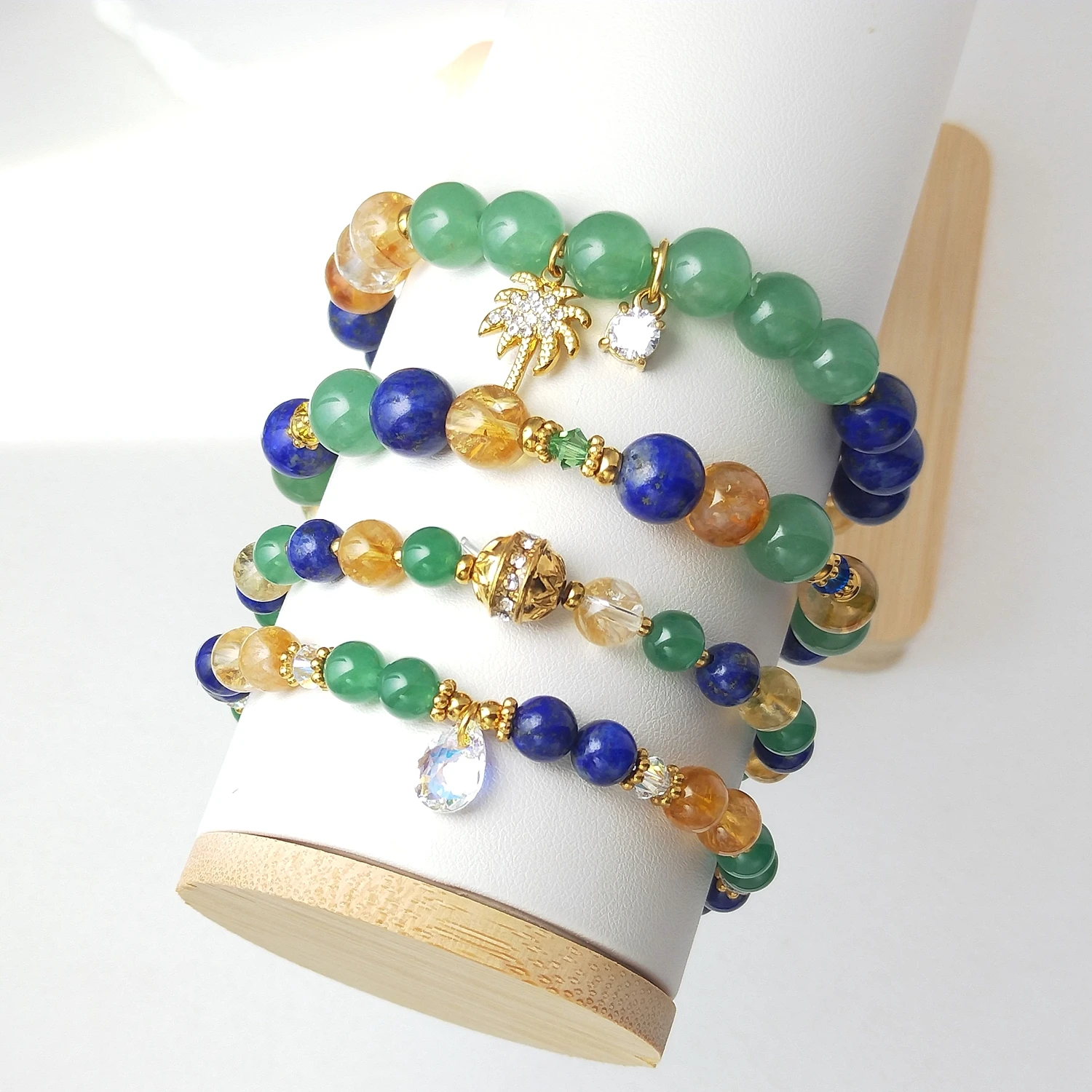 Lii Ji Natural Stone Citrine Green Aventurine Lapis Lazuli 6/8mm With Crystal Stainless Steel Elastic Bracelet