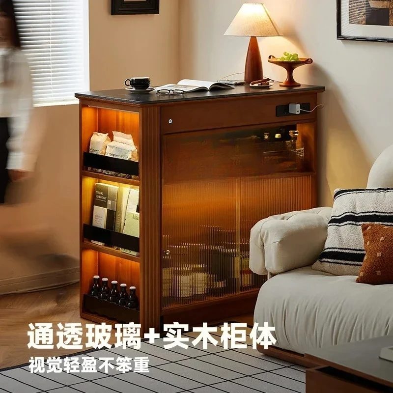 

T Retro bar, solid wood rock slab retractable table, living room console, locker