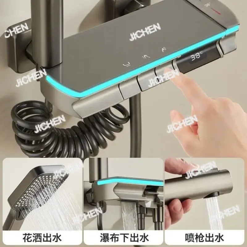 ZQT دش رمادي للجسم الرئيسي بالكامل من النحاس، مجموعة دش منفصلة بسيطة للحمام، دش ذكي بشاشة عرض رقمية بدرجة حرارة ثابتة