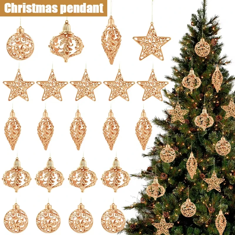 4/8PCS Christmas Ball Ornaments Gold Hollow Star Pendant Christmas Tree Hanging Decoration for Home Hollowed out 3D Star Pendant