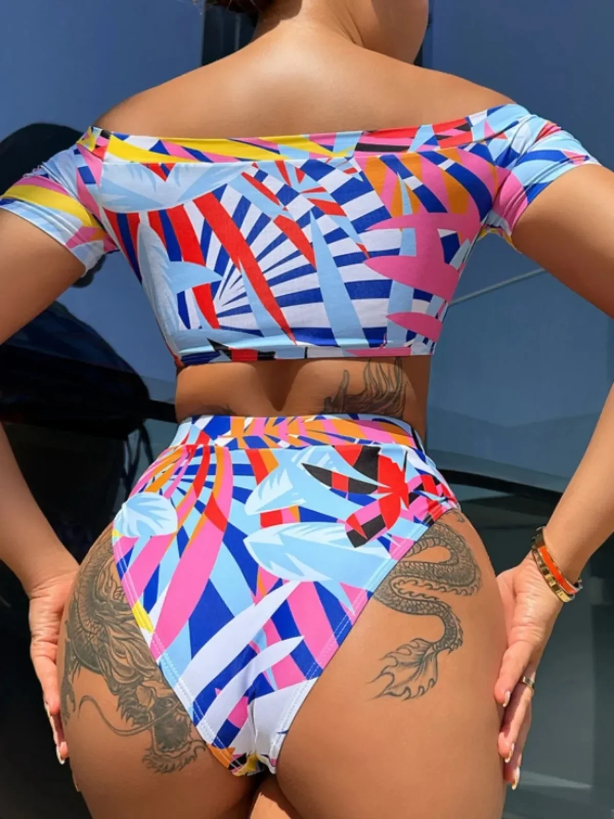 مخطط مطبوعة ملابس السباحة النساء عالية الخصر مجموعة البكيني مثير الجوف خارج الدانتيل متابعة Tankini خارج على الكتف قصيرة الأكمام ملابس السباحة 2024