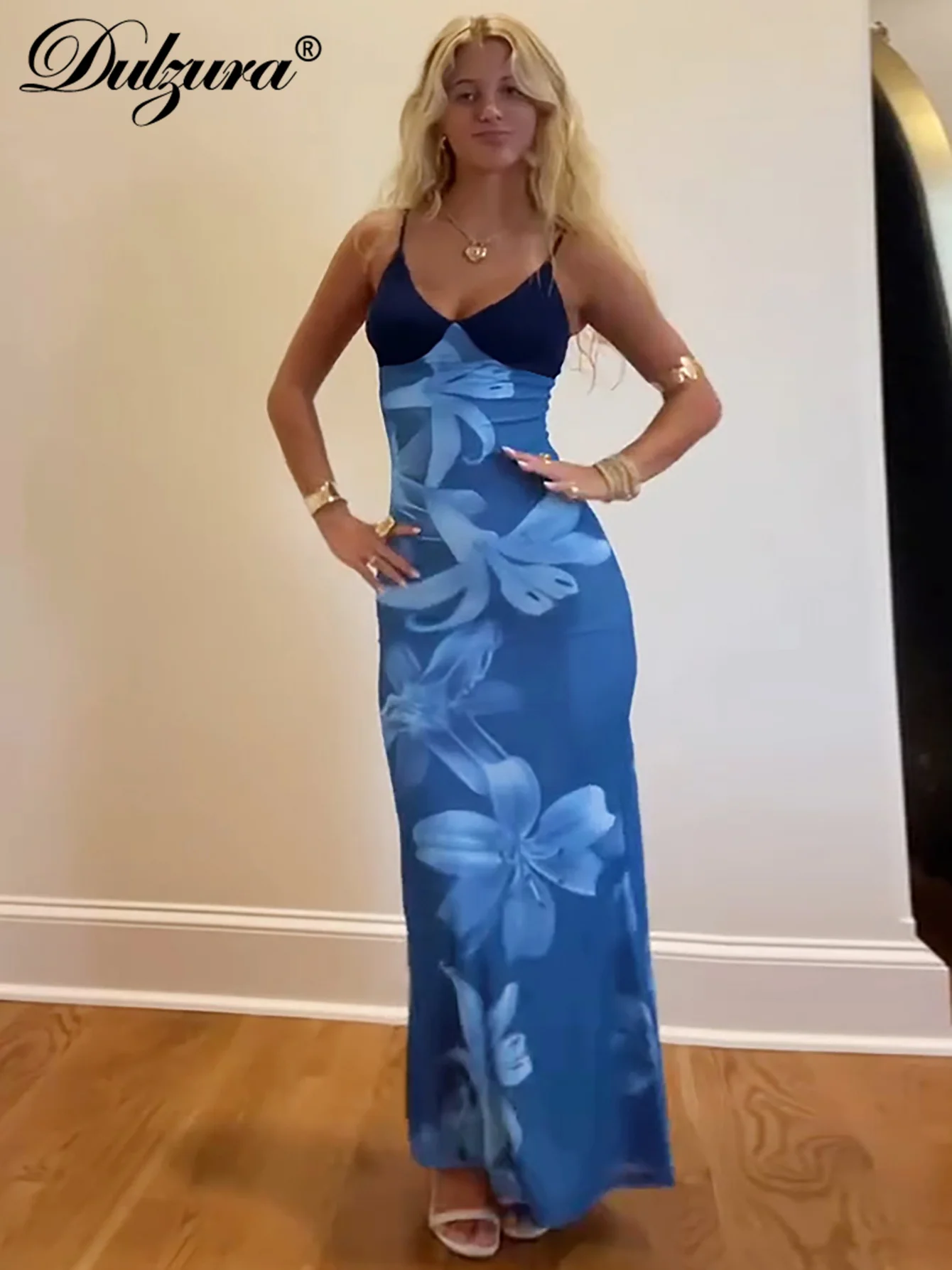 Dulzura sans manches dos nu moulante Patchwork imprimé maille Cami longue robe Sexy élégant décontracté robe Maxi fête Club tenue d'été