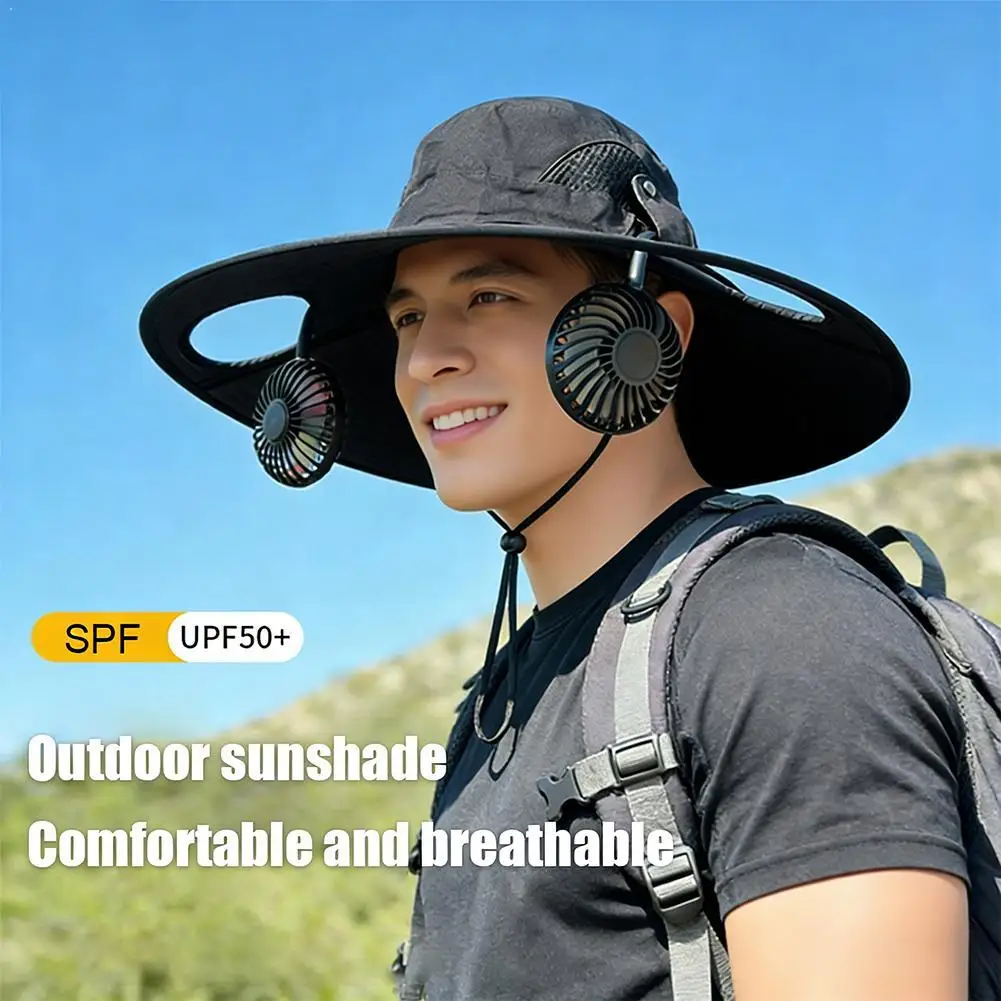 Summer Mens Wide Brim Solar Fan Hat Outdoor Protection Sun Hats With 2 Solar Fan Hiking Fishing Solar Powered Visor Cap Dropping