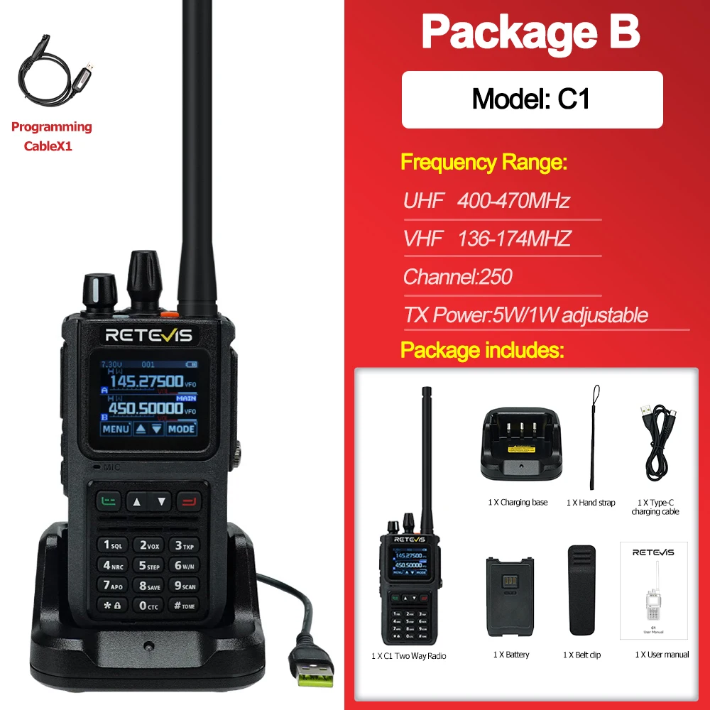 Nowość! C1 Walkie Talkie 5W Long Range Communication Handy Ham Two-way Radio Camping Walkie-Talkie UHF VHF Amateur Station