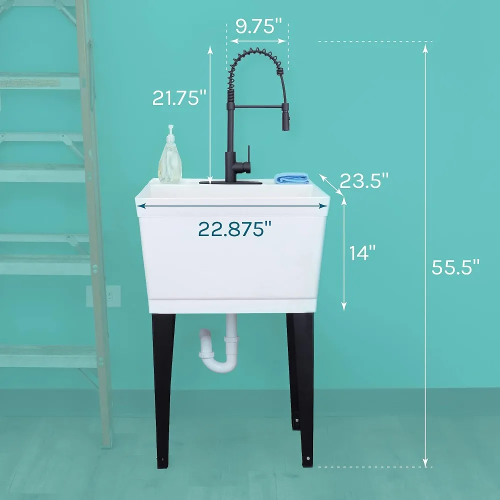 Utility Sink Extra-Deep Laundry Tub White with Pull-Down Sprayer Faucet, Floor Mounted Wash Station