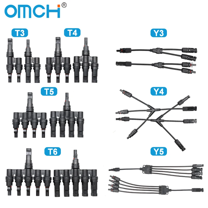 

OMCH 1 Pair 1000V Photovoltaic Solar PV Connector Y/T Type 2 3 4 5 Way Branch Connector Kit for solar panel parallel connection