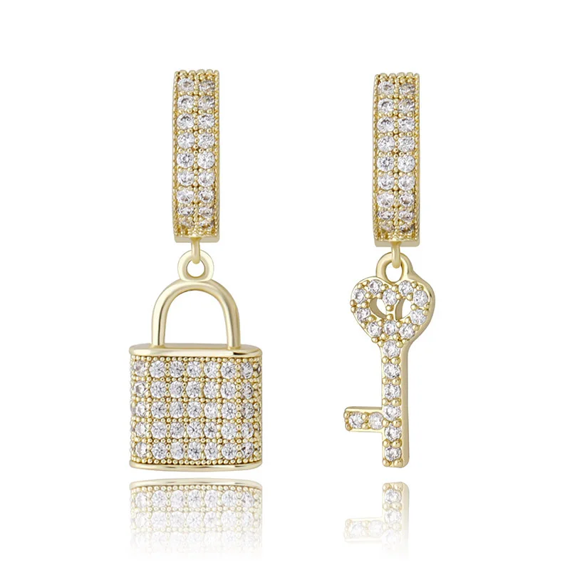 Iced Out Cubic Zirconia Lock And Key Dangle Huggie Hoop Earrings Bling Padlock Key Drop Earrings Hip Hop INS Jewelry For Women