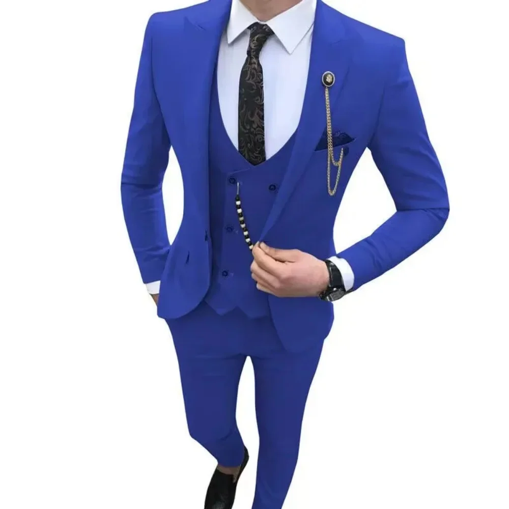 

Royal blue Men Suit Formal Wedding Party Groom Groomsman Male Tuxedos Customize 3 Piece Set Jacket Vest Pants