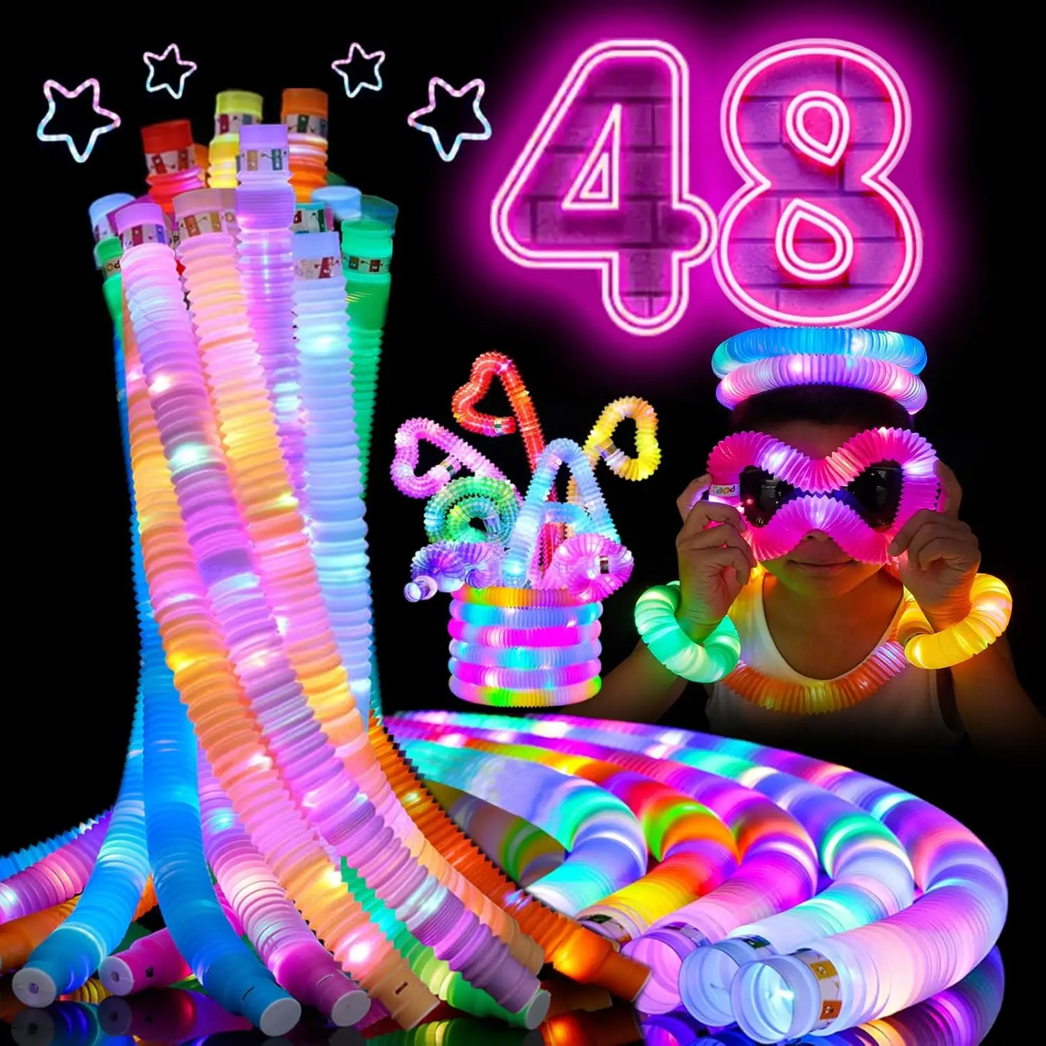 

48PCS Glow in The Dark Party Supplies LED Pop Tubes Glow Sticks Sensory Toys for Kids Birthday Party Favors Goodie Bag Stuffers