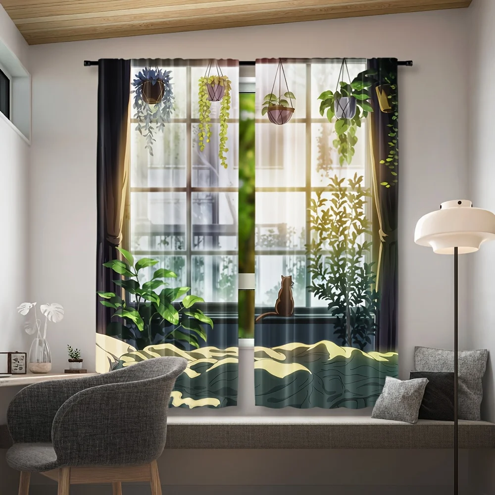 Fresh Green Plant Cat Blackout Rod Pocket Curtain Anime Window Scene Hanging Vine Decor Warm Style Homestay Rest Bay Window