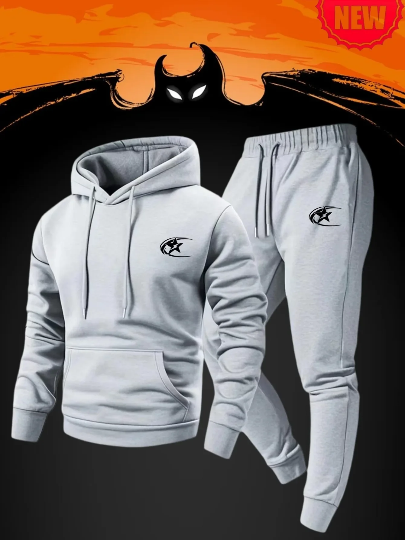 2026 New Men's Thermo-Fleece Thick Hooded Sports Pants Set, Star-shaped Printed Hooded Sports Apparel