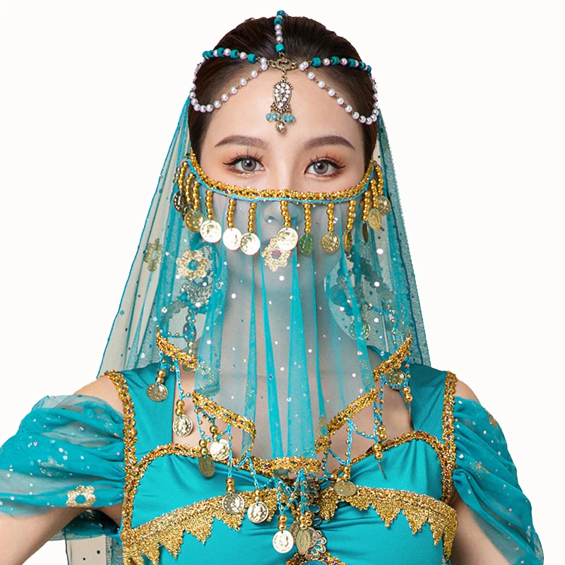 Women Sequins Belly Dance Halloween Face Veil Adult Indian Dance Face Tribal Masquerade Mask Wrap Scarf Performance Accessory